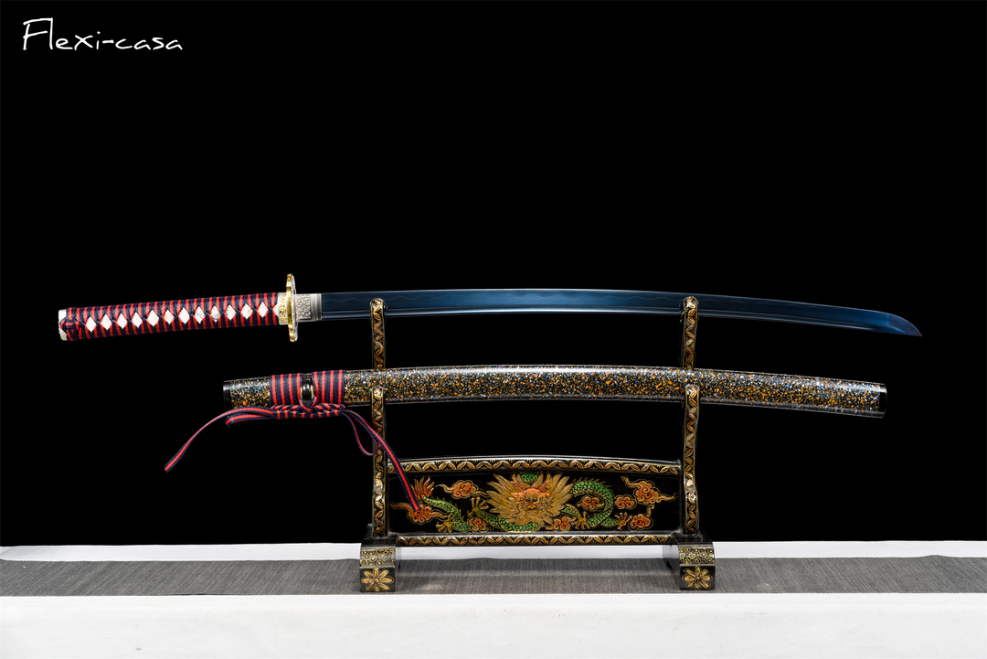 Hand-Forged Blue Katana – 1060 High Carbon Steel, Lacquered Scabbard, Red Cord Handle