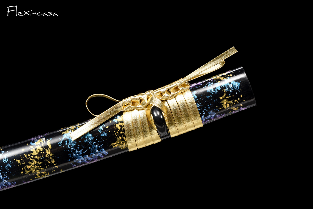 Hand-Forged Black Katana – 1060 High Carbon Steel, Gold Handle, Blue Lacquer Scabbard