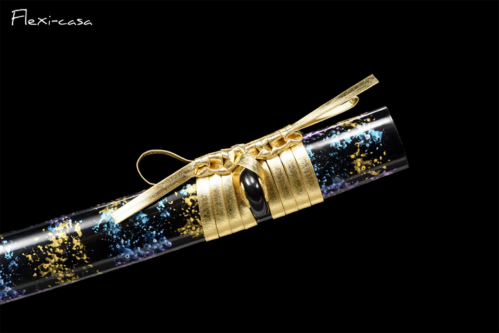 Hand-Forged Black Katana – 1060 High Carbon Steel, Gold Handle, Blue Lacquer Scabbard