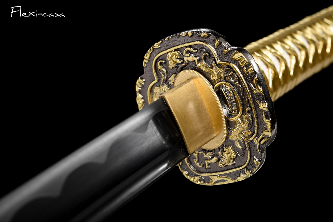 Hand-Forged Black Katana – 1060 High Carbon Steel, Gold Handle, Blue Lacquer Scabbard