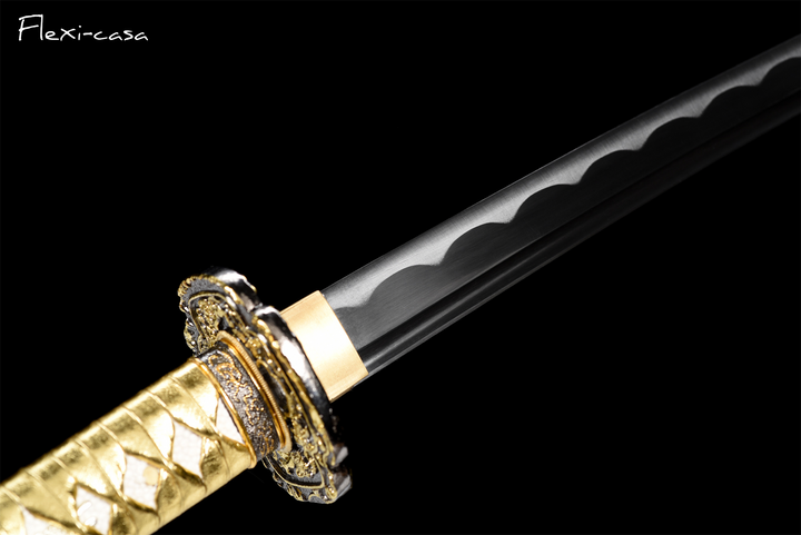 Hand-Forged Black Katana – 1060 High Carbon Steel, Gold Handle, Blue Lacquer Scabbard