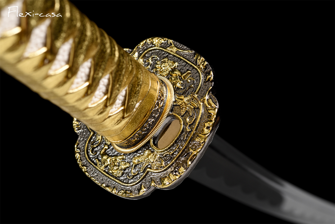 Hand-Forged Black Katana – 1060 High Carbon Steel, Gold Handle, Blue Lacquer Scabbard