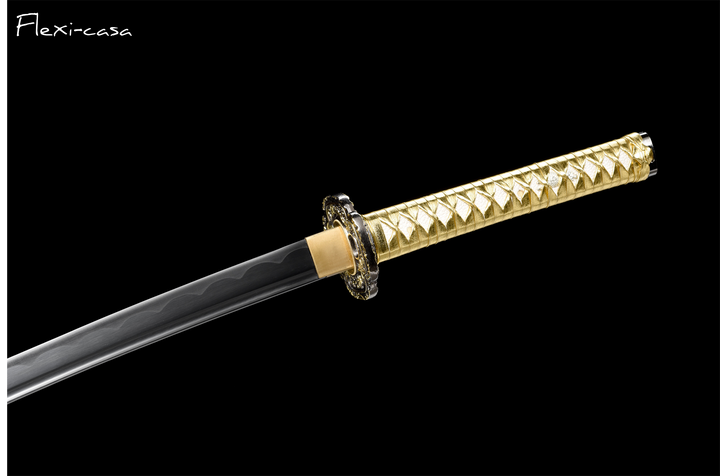 Hand-Forged Black Katana – 1060 High Carbon Steel, Gold Handle, Blue Lacquer Scabbard