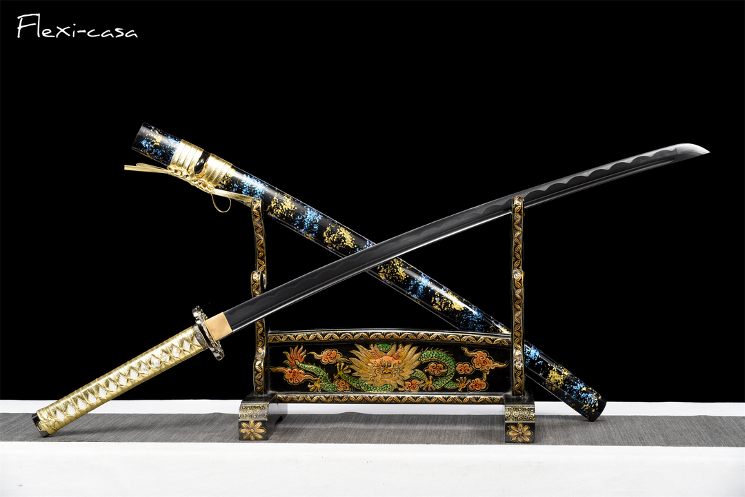 Hand-Forged Black Katana – 1060 High Carbon Steel, Gold Handle, Blue Lacquer Scabbard