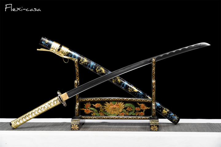 Hand-Forged Black Katana – 1060 High Carbon Steel, Gold Handle, Blue Lacquer Scabbard
