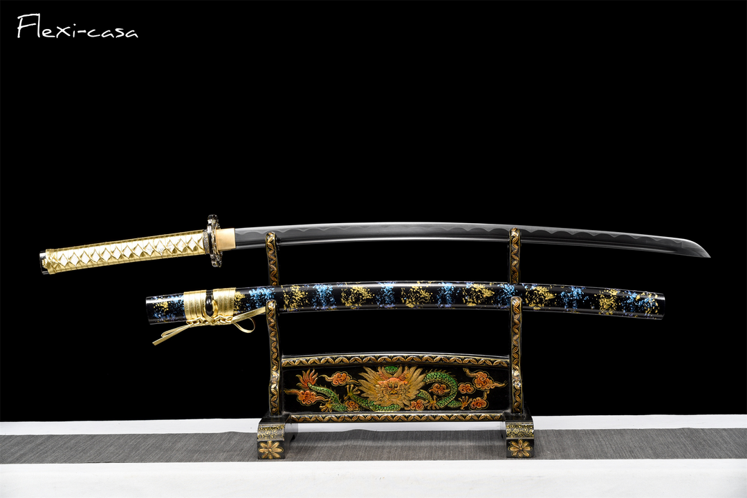 Hand-Forged Black Katana – 1060 High Carbon Steel, Gold Handle, Blue Lacquer Scabbard
