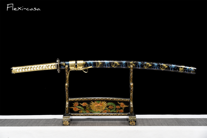 Hand-Forged Black Katana – 1060 High Carbon Steel, Gold Handle, Blue Lacquer Scabbard