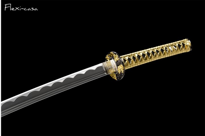Hand-Forged Katana – 1060 High Carbon Steel, Gold Handle, Black Lacquer Scabbard