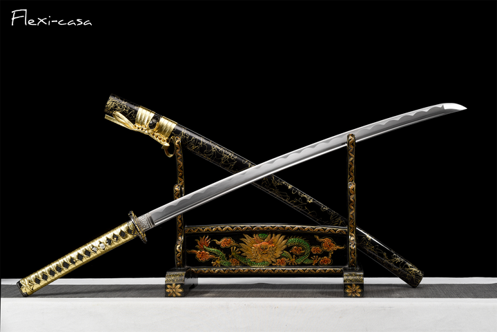 Hand-Forged Katana – 1060 High Carbon Steel, Gold Handle, Black Lacquer Scabbard