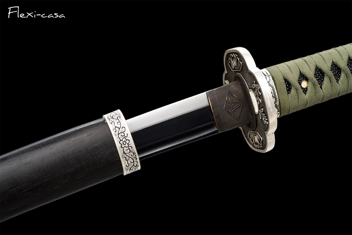 Hand-Forged Katana – High Manganese Steel, Olive Green Handle, Black Lacquer Scabbard