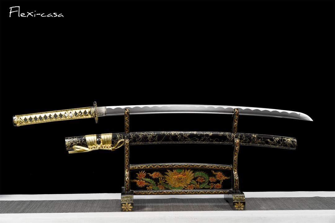 Hand-Forged Katana – 1060 High Carbon Steel, Gold Handle, Black Lacquer Scabbard
