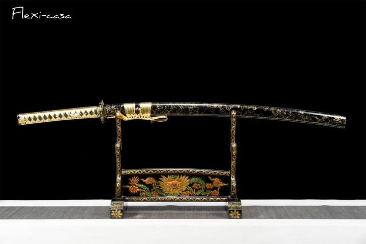 Hand-Forged Katana – 1060 High Carbon Steel, Gold Handle, Black Lacquer Scabbard