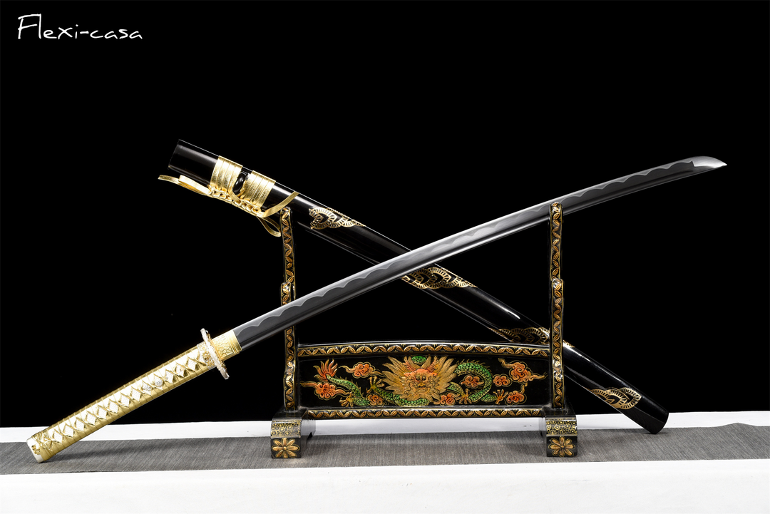 Hand-Forged Black Katana – 1060 High Carbon Steel, Gold Handle, Lacquered Scabbard