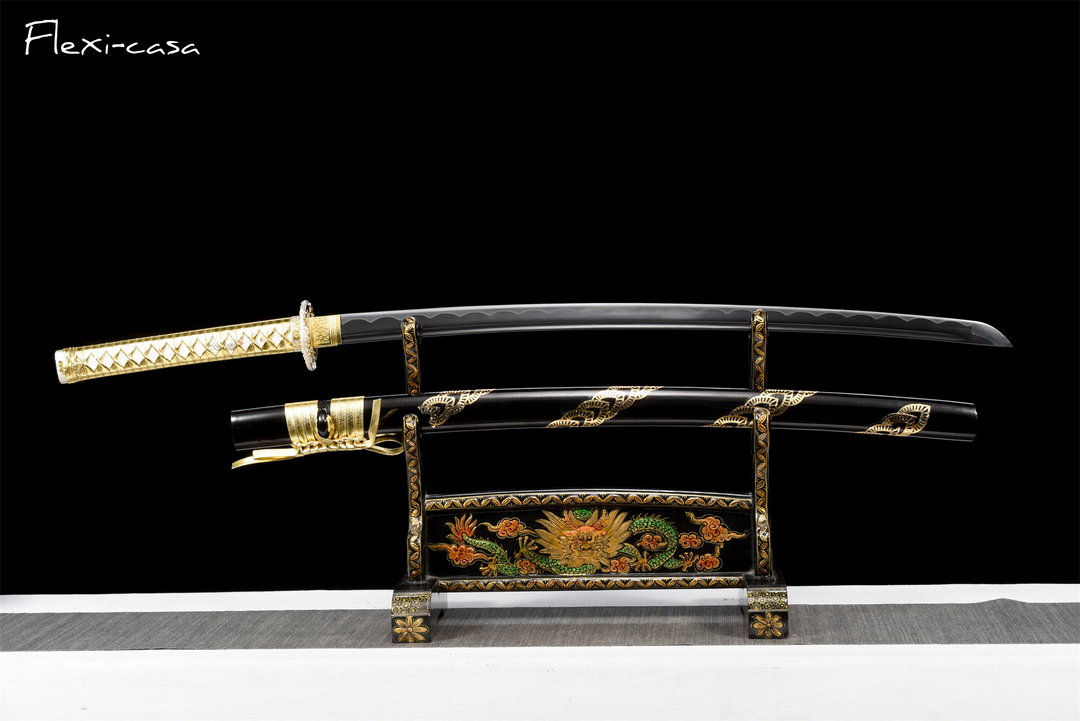 Hand-Forged Black Katana – 1060 High Carbon Steel, Gold Handle, Lacquered Scabbard