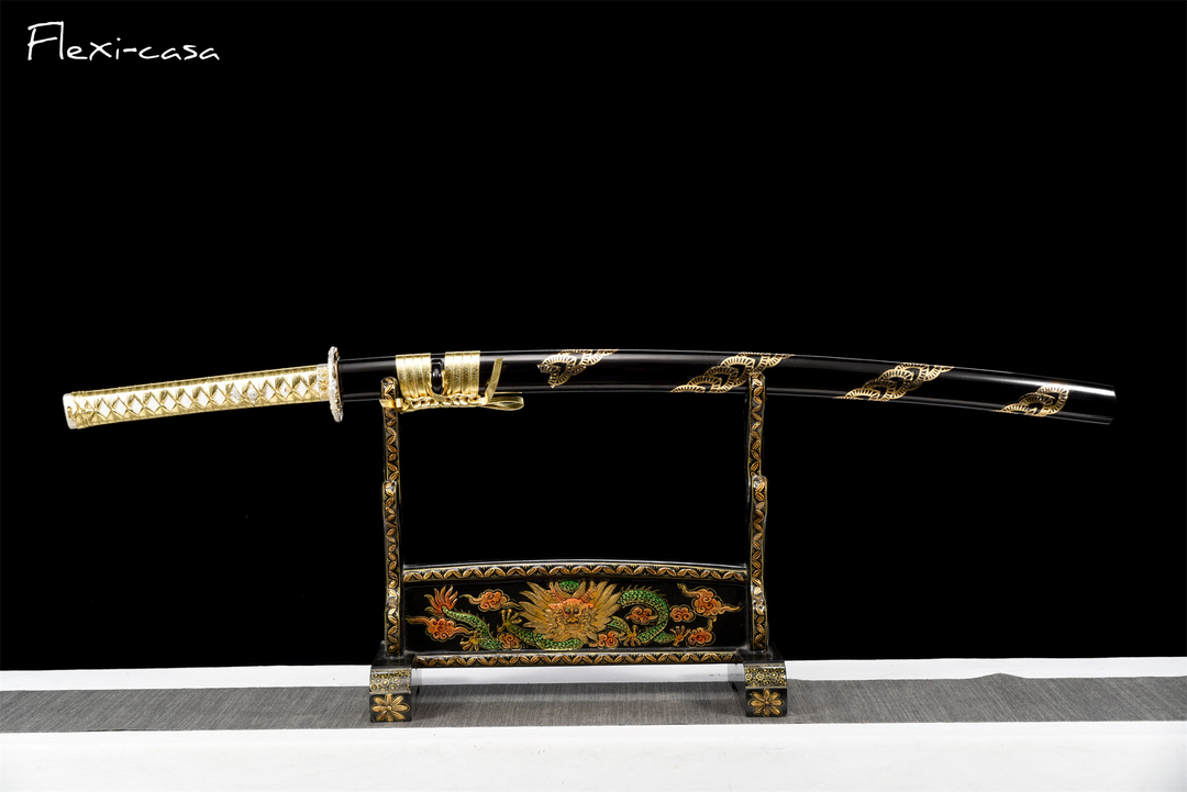 Hand-Forged Black Katana – 1060 High Carbon Steel, Gold Handle, Lacquered Scabbard