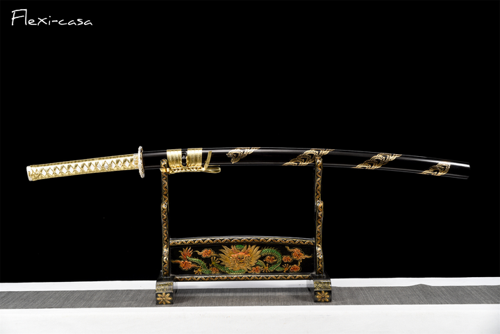 Hand-Forged Black Katana – 1060 High Carbon Steel, Gold Handle, Lacquered Scabbard