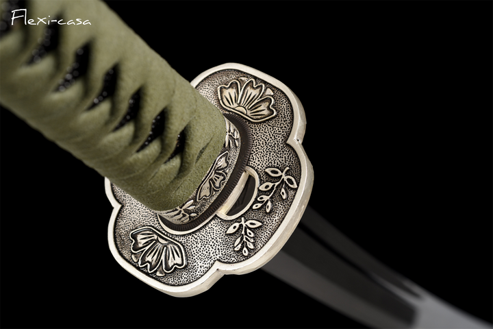 Hand-Forged Katana – High Manganese Steel, Olive Green Handle, Black Lacquer Scabbard