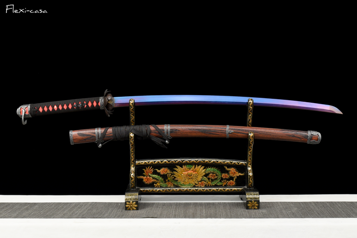Hand-Forged Blue Gradient Katana – 1060 High Carbon Steel, Lacquered Scabbard, Full Tang Construction