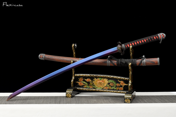 Hand-Forged Blue Gradient Katana – 1060 High Carbon Steel, Lacquered Scabbard, Full Tang Construction
